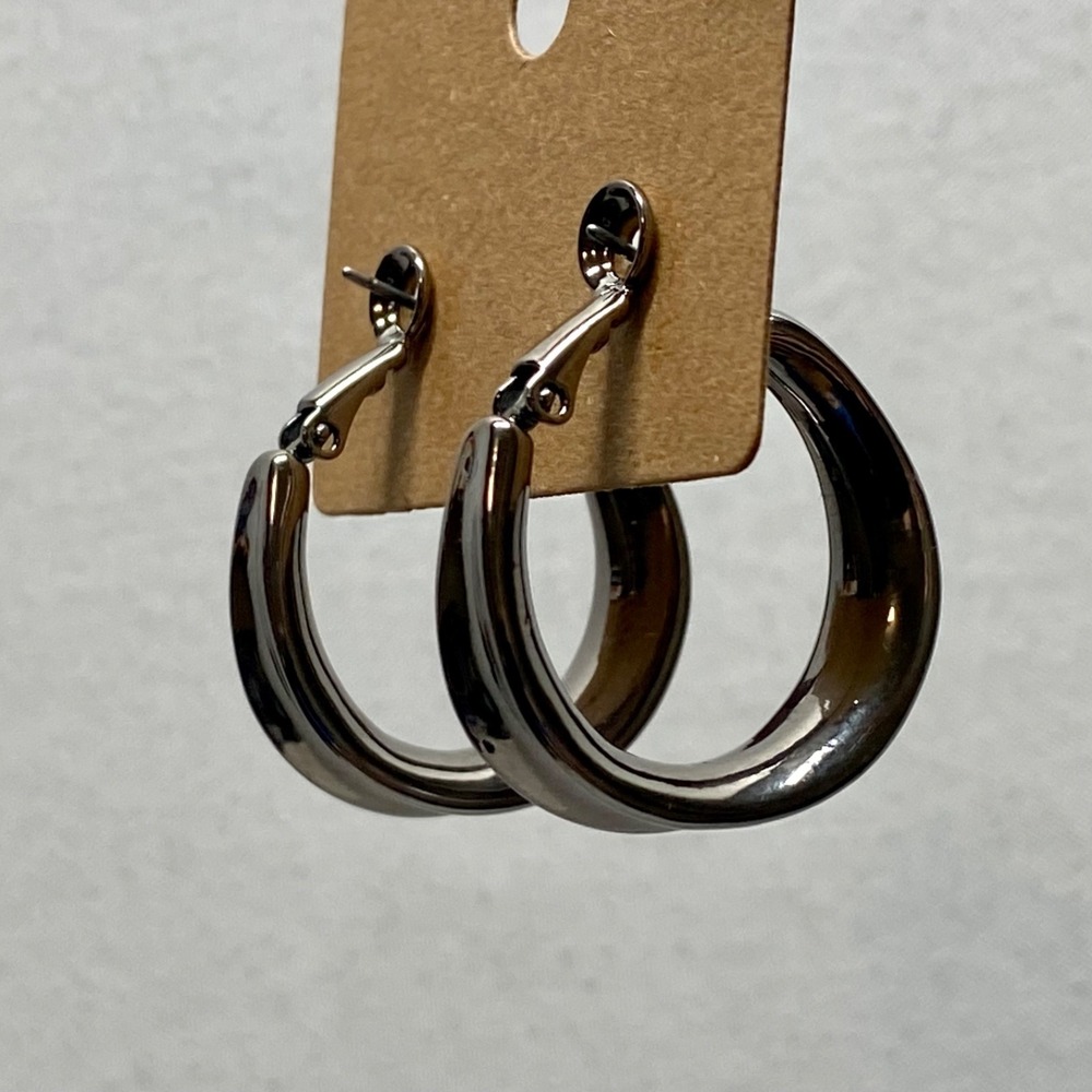 Surgical Stainless Steel 1" Hoop Earrings Heavy Silver Hinge Leverback Latch EUC View 6